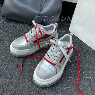 ido厚底面包鞋女2026春季新款运动休闲鞋系带撞色百搭舒适板鞋潮