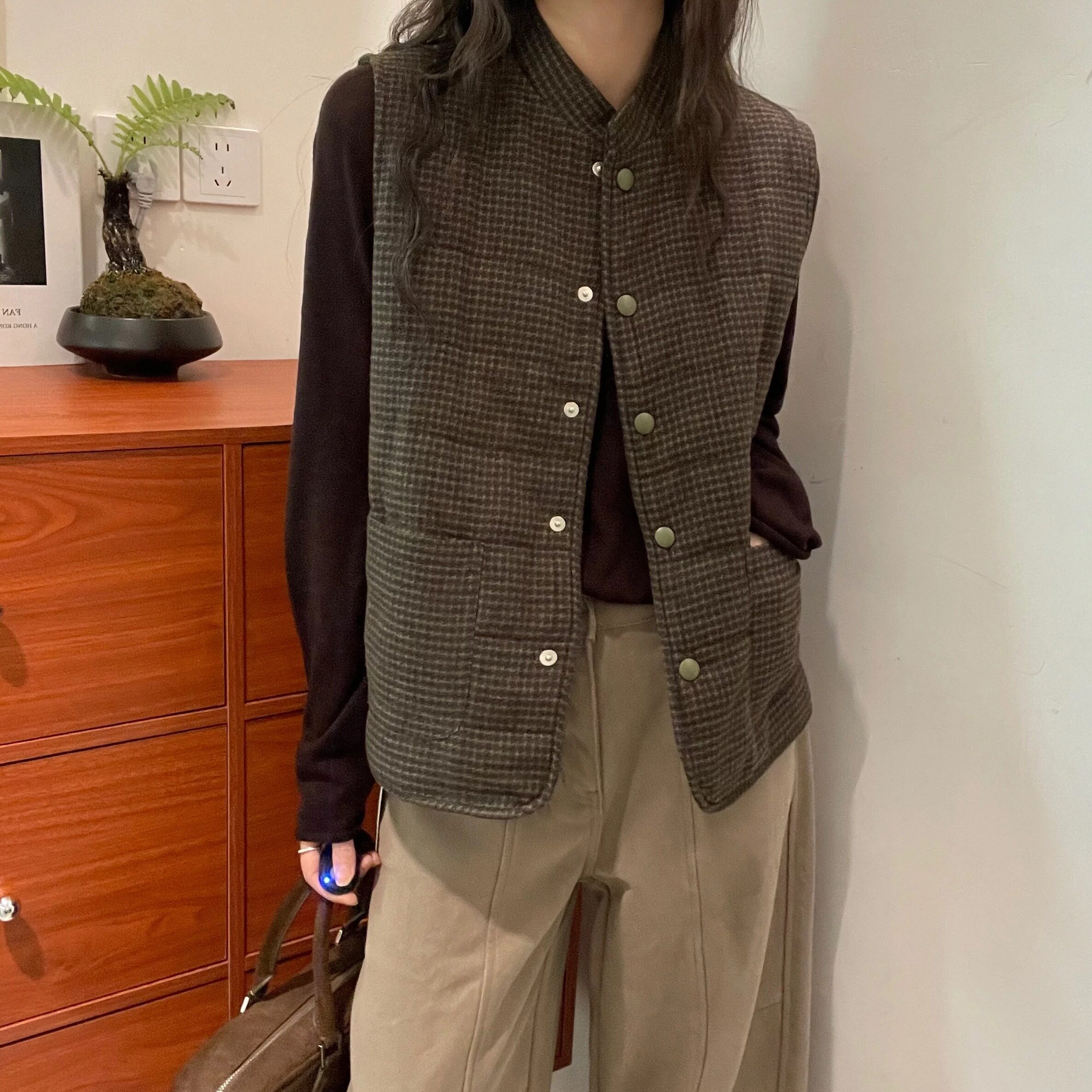 欧洲站羊毛格纹马甲女