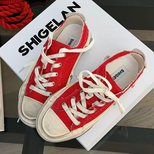 诗歌兰红色帆布鞋女2026春季新款休闲圆头厚底做旧低帮鞋复古板鞋