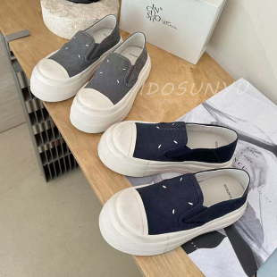 圆头一脚蹬浅口休闲鞋 女2026春款 深蓝色百搭潮 厚底帆布鞋 ido韩版