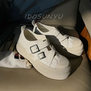 ido真皮厚底板鞋女2026新款圆头交叉扣带增高休闲鞋百搭小白鞋潮
