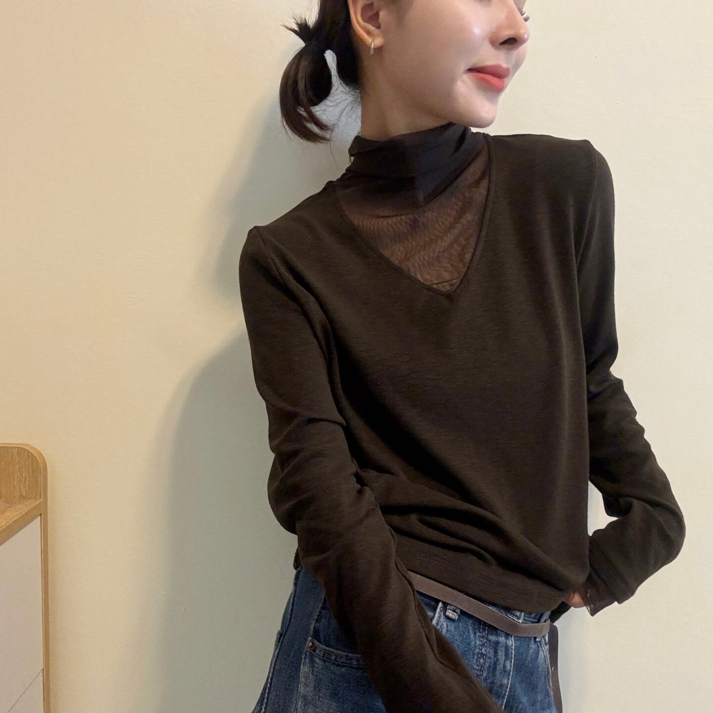 欧洲站网纱拼接长袖T恤女