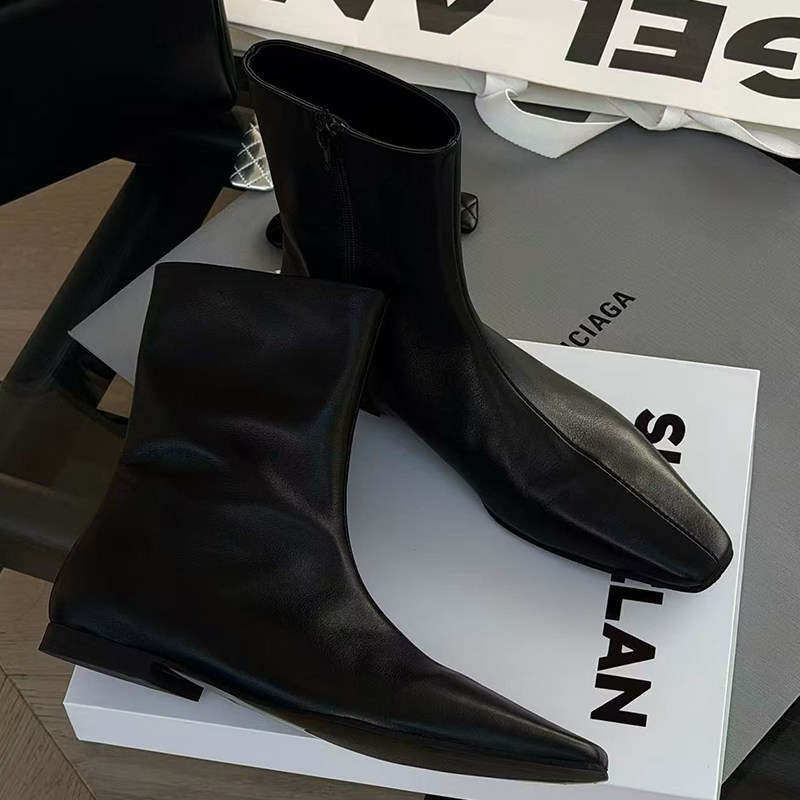 诗歌兰真皮方头瘦瘦靴女2026早春新款低跟短靴百搭侧拉链休闲短靴,女鞋,时装靴,淘宝优惠券,粉丝福利购,淘宝优惠卷