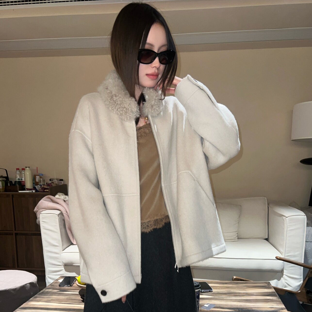 欧洲站羊羔毛领双面羊绒外套女