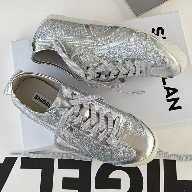 诗歌兰德训鞋女内增高2026新款真皮系带平底百搭亮片休闲运动鞋潮,女鞋,时尚休闲鞋,淘宝优惠券,粉丝福利购,淘宝优惠卷