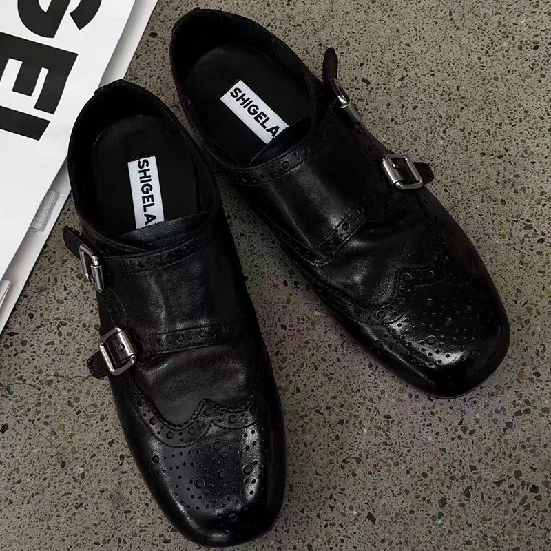 诗歌兰英伦风双扣带雕花乐福鞋女2026新款黑色布洛克小皮鞋一脚蹬,女鞋,乐福鞋（豆豆鞋）,淘宝优惠券,粉丝福利购,淘宝优惠卷