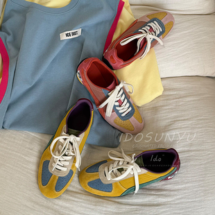 ido复古拼色德训鞋女2026新款真皮系带圆头休闲鞋百搭轻便运动鞋
