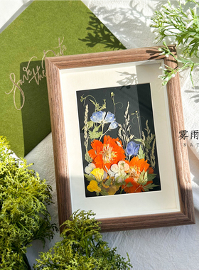 ins风胡桃木色押花相框植物干花手作家居装饰画高级感礼物-朝颜