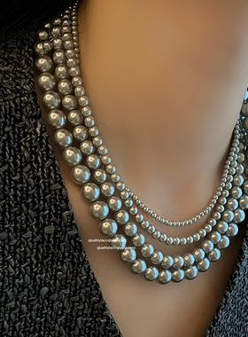 其他铜合金女银灰色珠珠项链