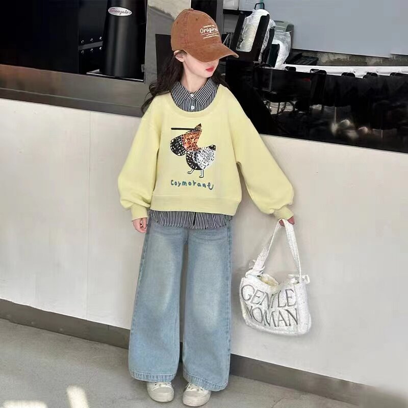 女童春款卫衣2025新款儿童假两件上衣网红春装打底衫牛仔裤套装潮