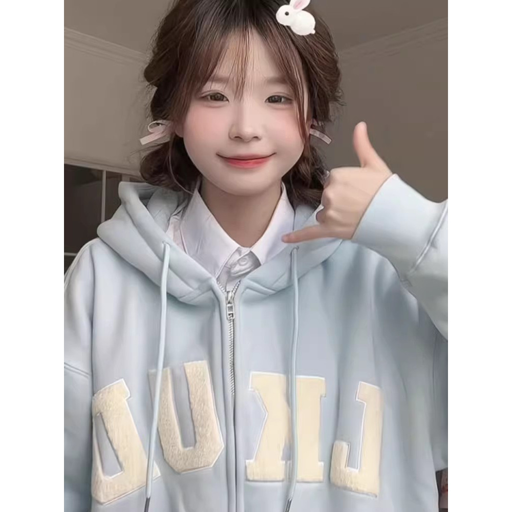 美式潮牌ins慵懒字母毛巾刺绣加绒连帽卫衣女宽松显白学院风外套