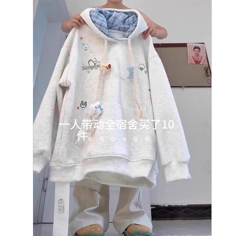 秋冬季学院风可爱卡通刺绣连帽卫衣女装美式复古宽松百搭加绒外套