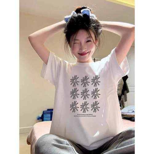 夏季纯棉慵懒学生短袖T恤女美式复古太阳花字母印花宽松百搭上衣