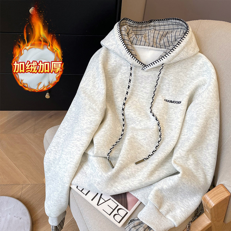 韩系复古高级感刺绣格子拼接假两件连帽卫衣女宽松学生加绒上衣服