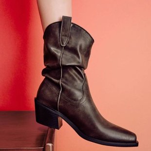 靴子女子秋日记忆中筒骑士靴尖头粗高跟短靴显瘦堆堆靴女