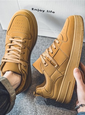 春季新款男士复古低帮土黄色滑板鞋青少年厚底休闲鞋运动鞋子