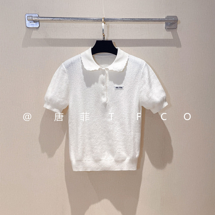 2025年  新款白色娃娃领短袖针织衫女薄款简约显瘦上衣