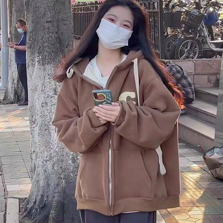 连帽卫衣女2025新款韩系慵懒风加绒开衫外套宽松百搭潮牌小众上衣
