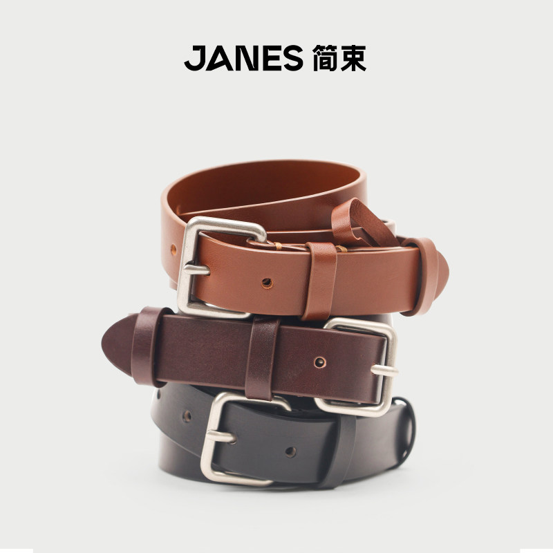 JANES简束复古做旧银扣牛皮宽腰带男士2026新款真皮皮带时尚百搭