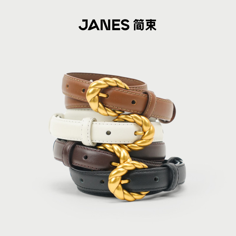 JANES简束复古麻花金扣牛皮腰带图片