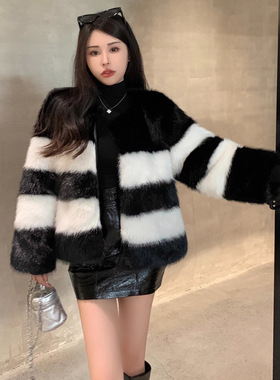 冬季新款韩版仿狐狸毛皮草女百搭保暖黑白撞色毛毛外套女11045