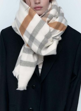 原单za家白拼色格子围巾ra女披肩加厚仿羊绒保暖冬季3739219 712