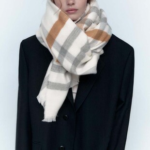原单za家白拼色格子围巾ra女披肩加厚仿羊绒保暖冬季3739219 712