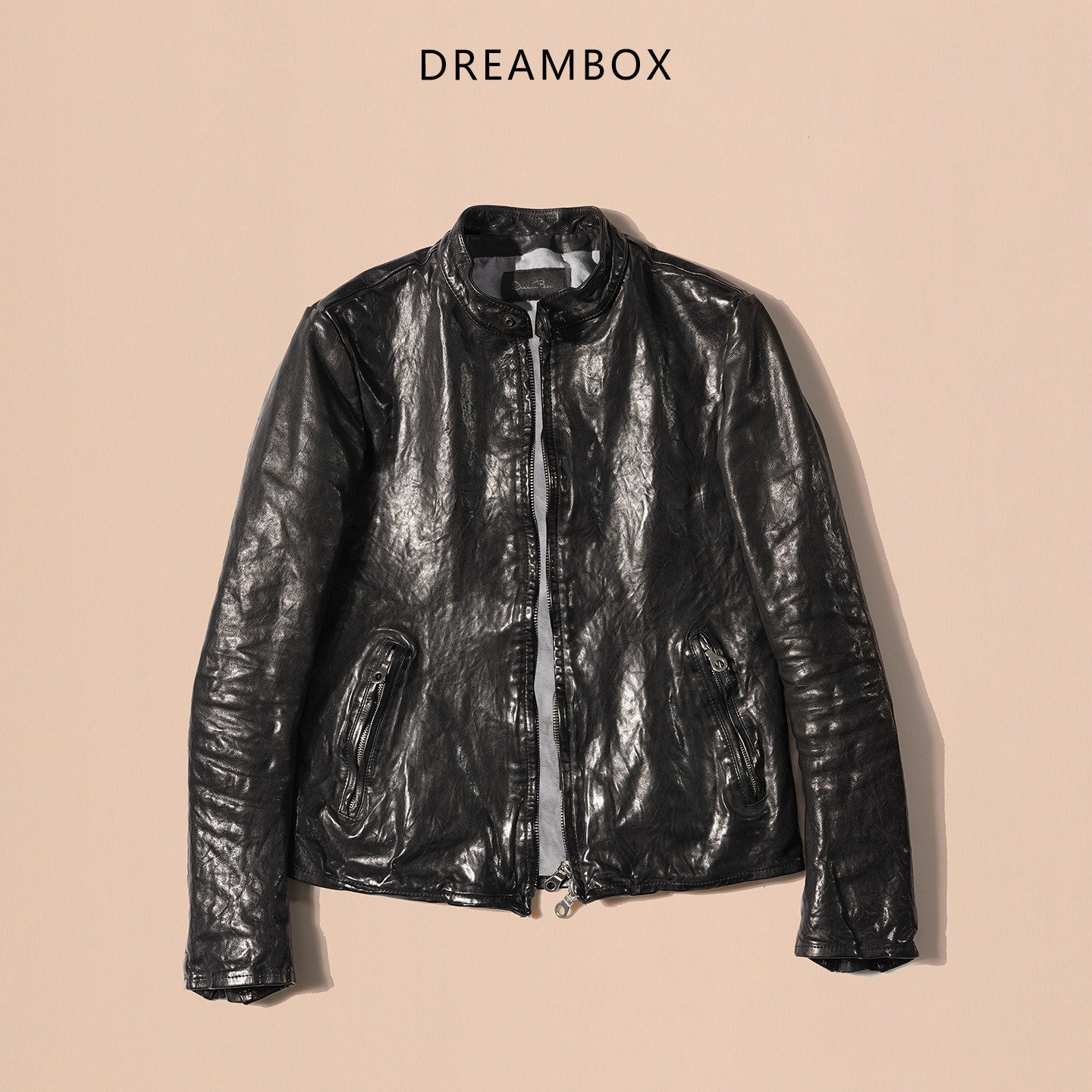 DREAMBOX钧博高端马皮修身帅气真皮皮衣重水洗复古做旧机车皮夹克