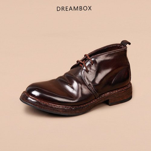 DREAMBOX钧博vibram高档意大利马臀皮手工男靴中帮商务英伦皮靴