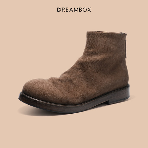 DREAMBOX钧博高档马皮男士后拉链中帮短筒皮靴手工英伦复古时装靴