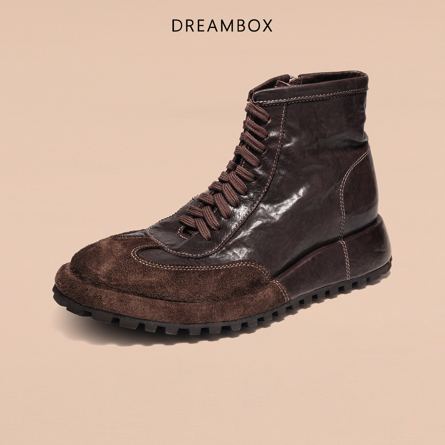 DREAMBOX钧博秋冬新款高帮手工男靴水洗马皮复古英伦侧拉链马丁靴