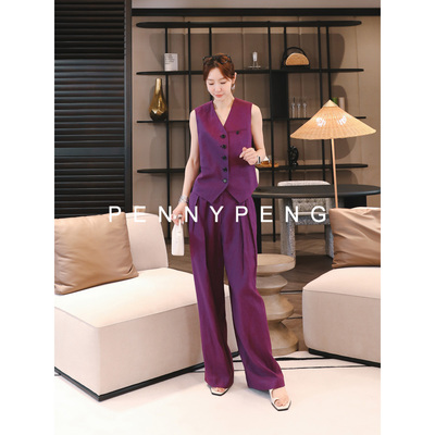 黑加仑紫色亚麻西装马甲裤子套装