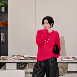 PENNYPENG玫红记忆早秋穿搭氛围感慵懒风套头衫 100%山羊绒