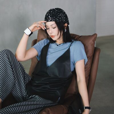 PENNYPENG 小岛假日 黑标系列时髦软糯轻盈轻涂羊皮V领吊带