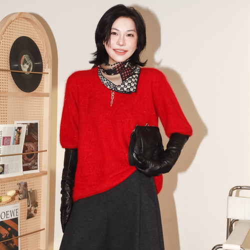 轻奢拉绒圆领羊绒短袖上衣