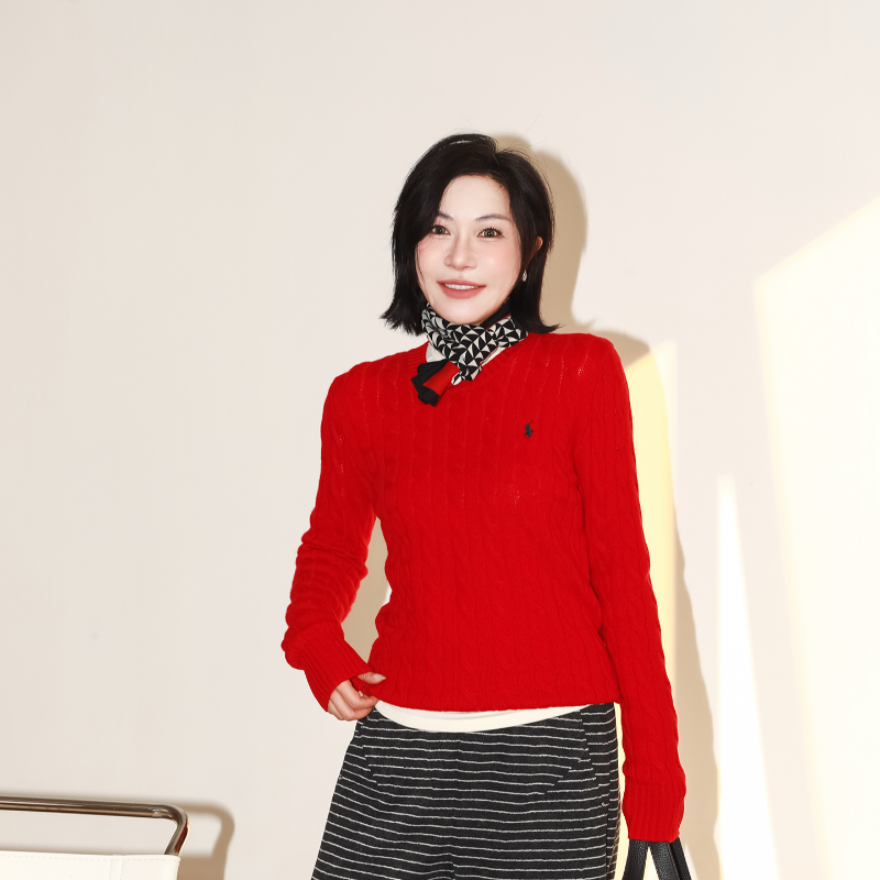 三色休闲圆领羊毛羊绒套头衫