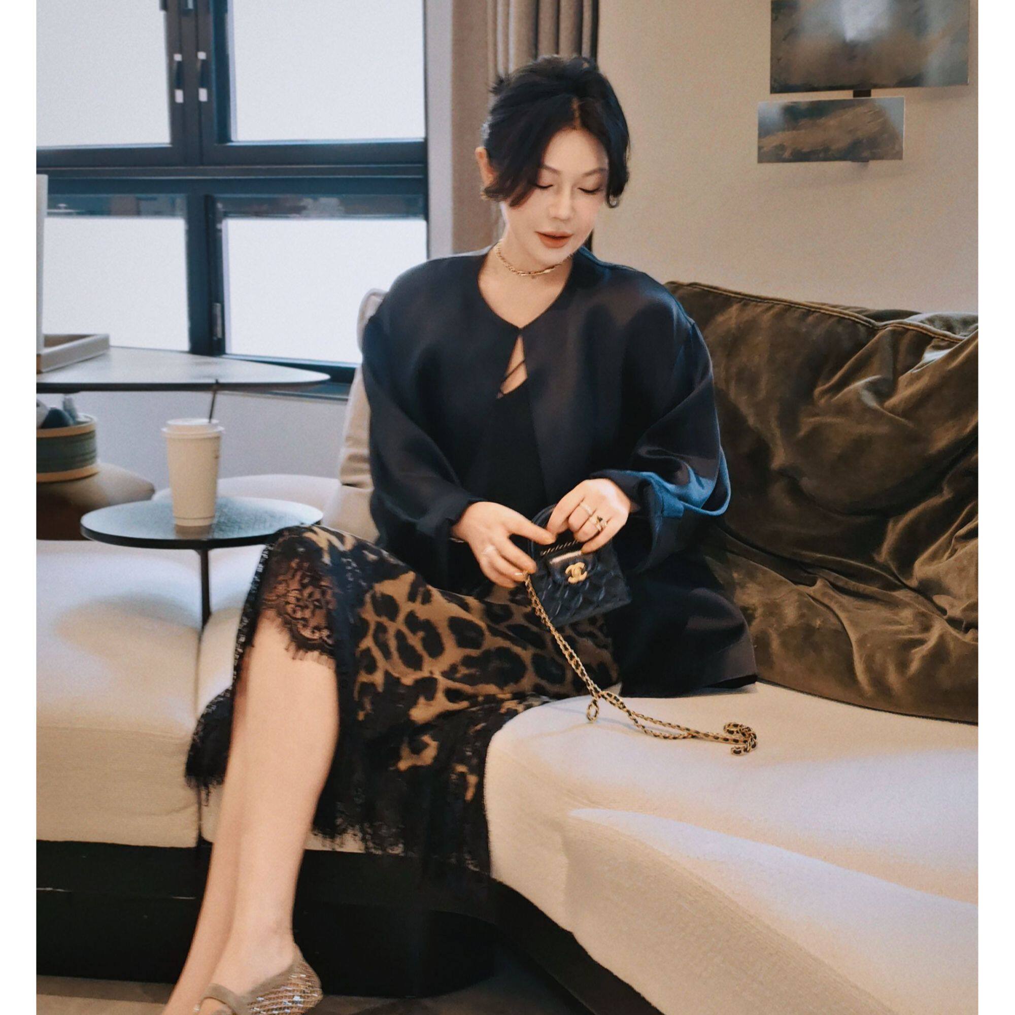 豹纹拼接蕾丝星钻鱼尾半裙