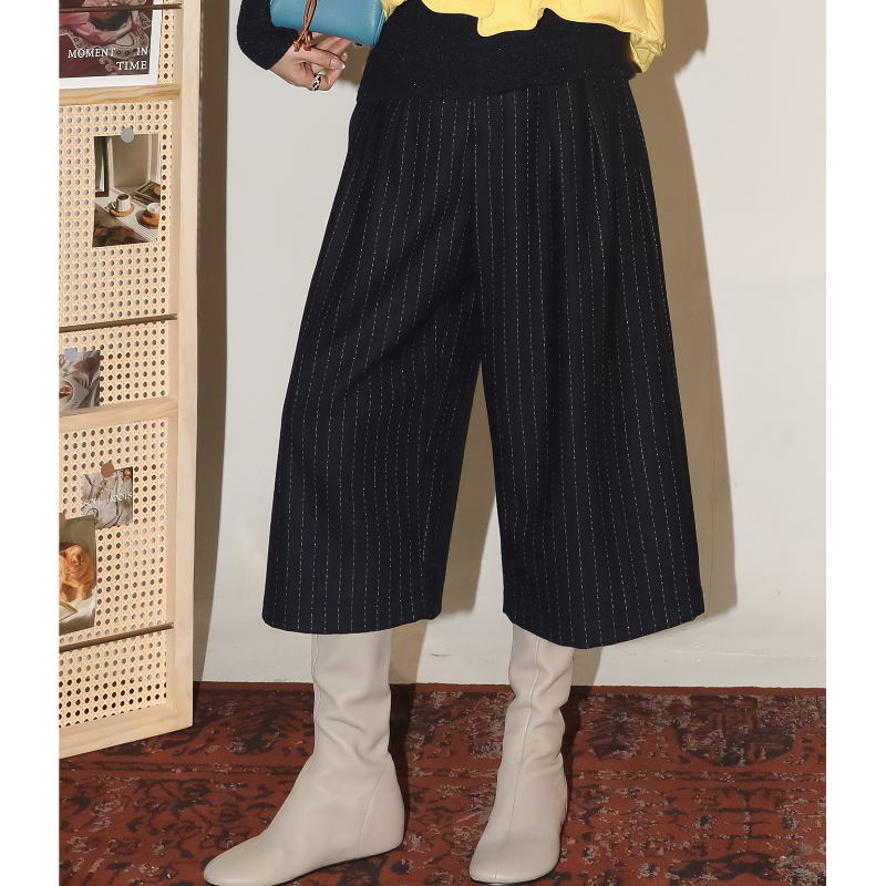 色织竖条纹高腰七分阔腿裤