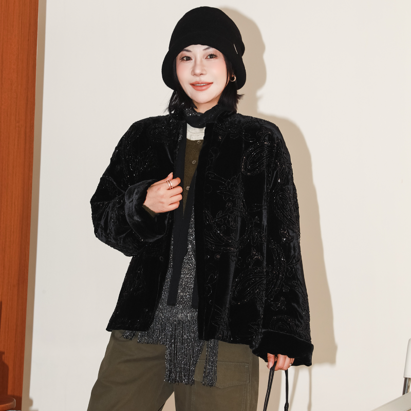 真丝重工亮片钉珠丝绒棉服外套