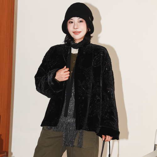 真丝重工亮片钉珠丝绒棉服外套