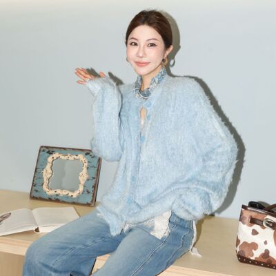冰川雾霾真丝长毛绒体感开衫
