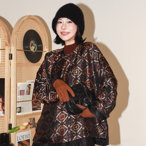 色织宽松圆领国风真丝提花外套