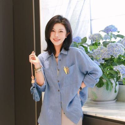 PENNYPENG 色彩叙事 汉麻亚麻复古松弛通勤风翻领亚麻长袖衬衫