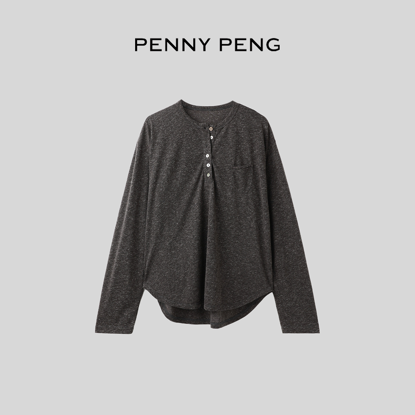 设计师亚麻圆领上衣长袖