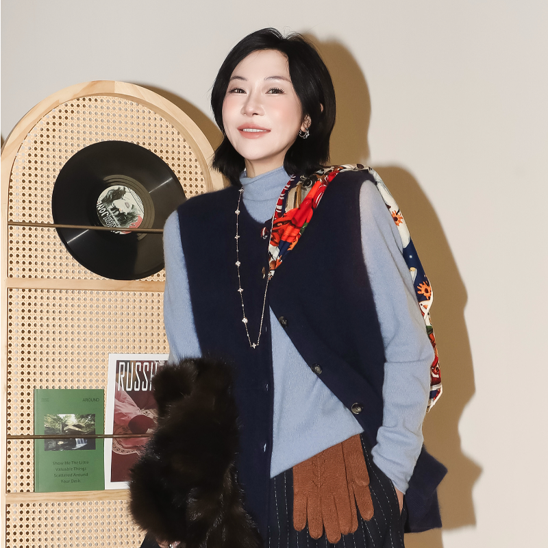 慵懒风圆领浣熊毛针织无袖马甲