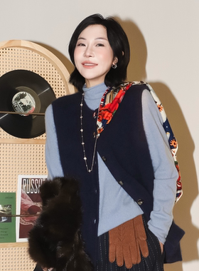 PENNYPENG都市图鉴冬季新款气质慵懒风圆领浣熊毛针织无袖马甲