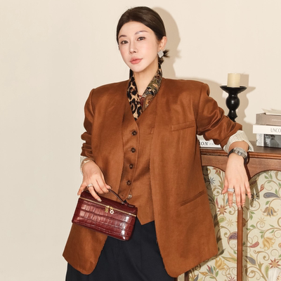亚麻糖杏仁色调西装外套马甲套装