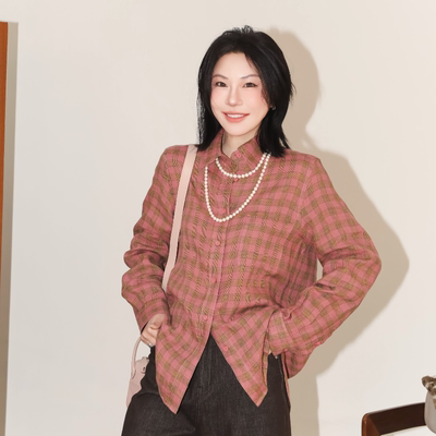 PENNYPENG 粉色际遇 复古松弛感经典翻领100%亚麻格纹透气衬衫
