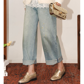 PENNYPENG 牛仔裤 彩点裤 100%优质长绒棉百搭泼墨高腰线老爹裤