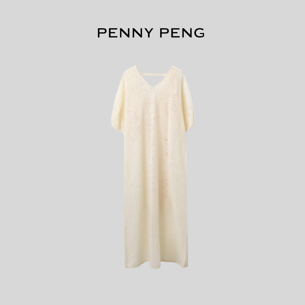 PENNYPENG浓情百利甜夏季新款白色休闲风优雅V领连衣裙DG04207